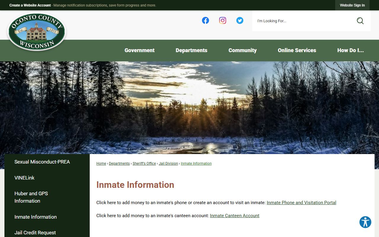 Oconto County Inmate Information page with CIDNET, JailATM, and jail handbook links