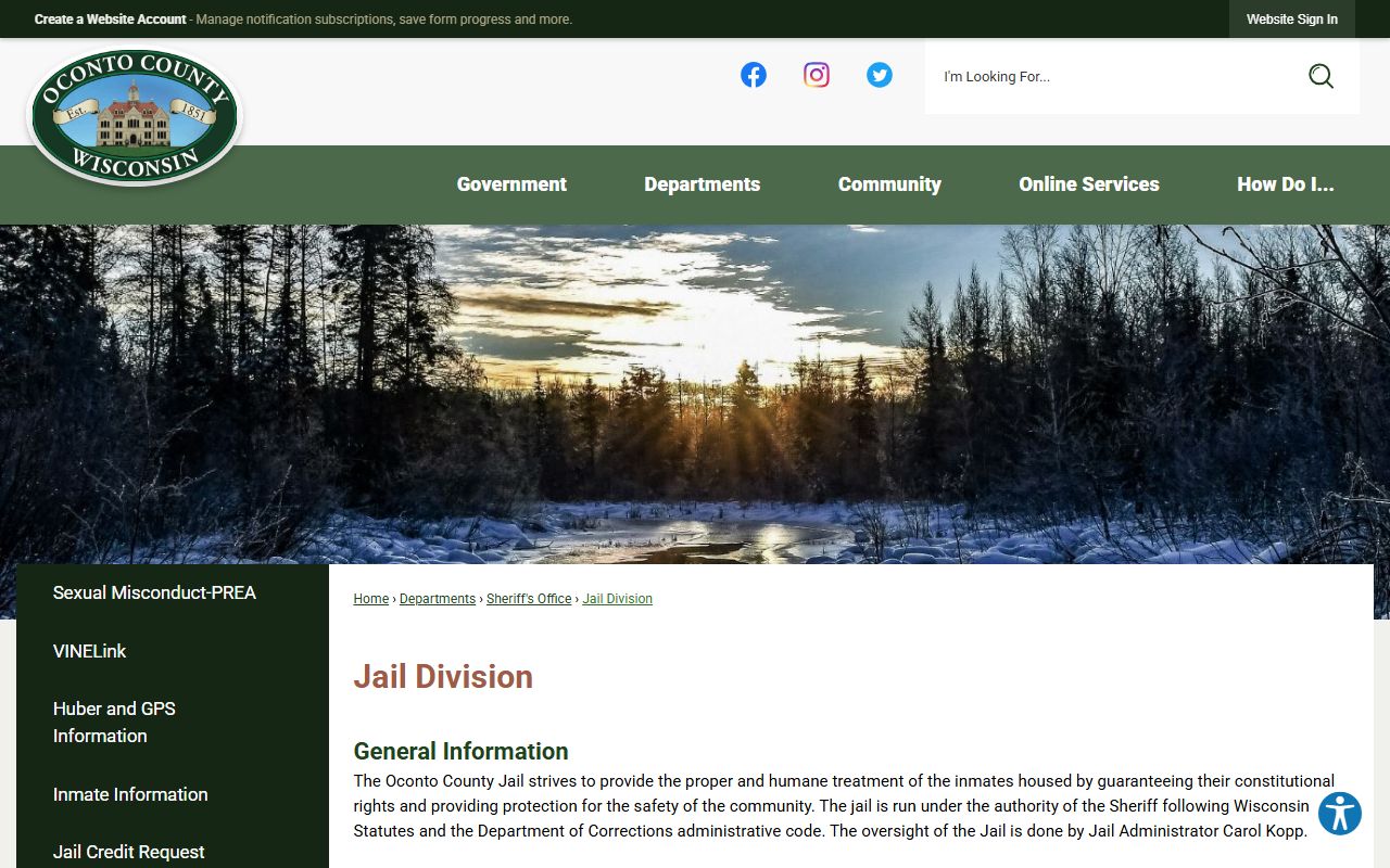 Oconto County Jail Division page with inmate population capacity details