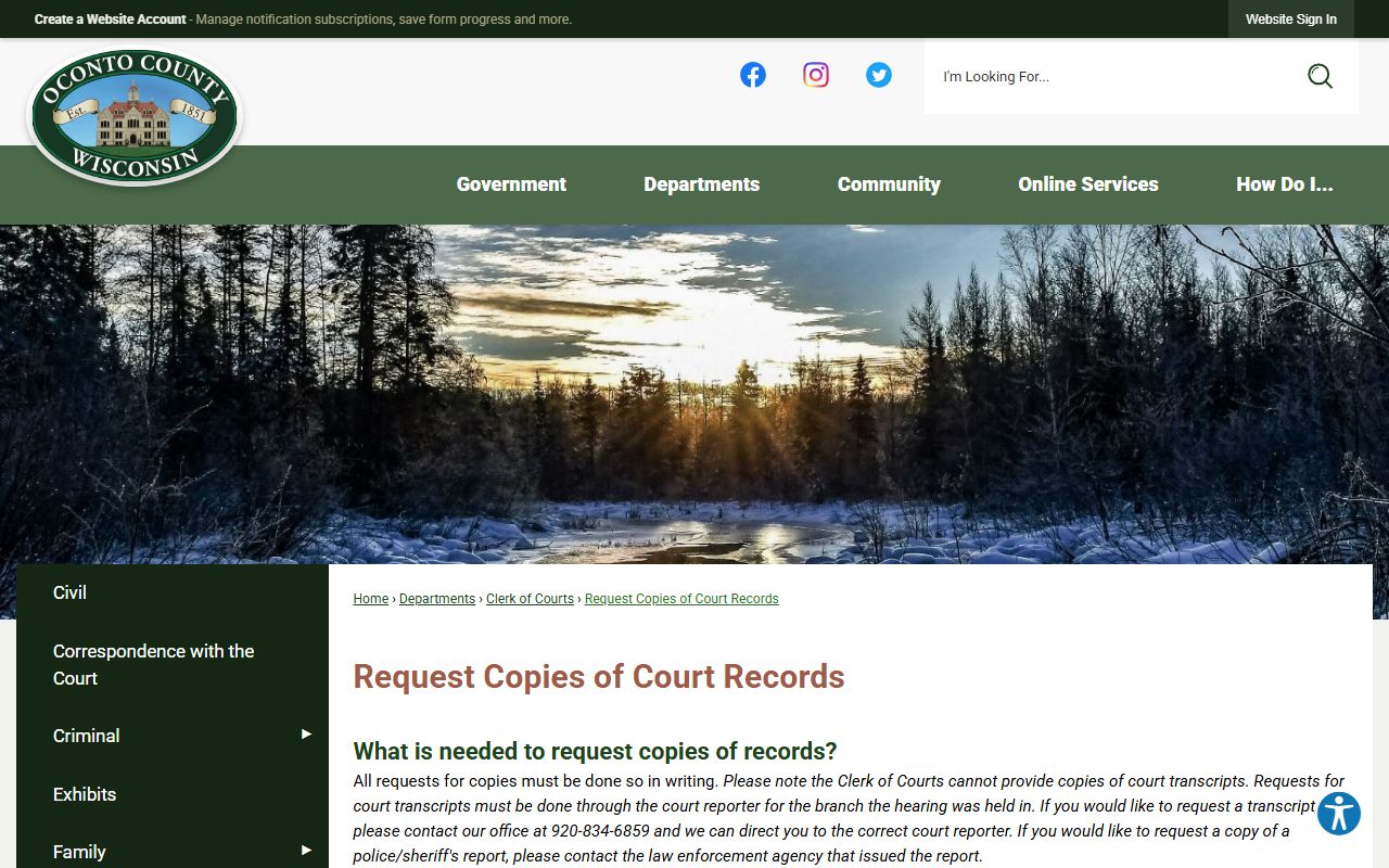 Oconto County request copies of court records page