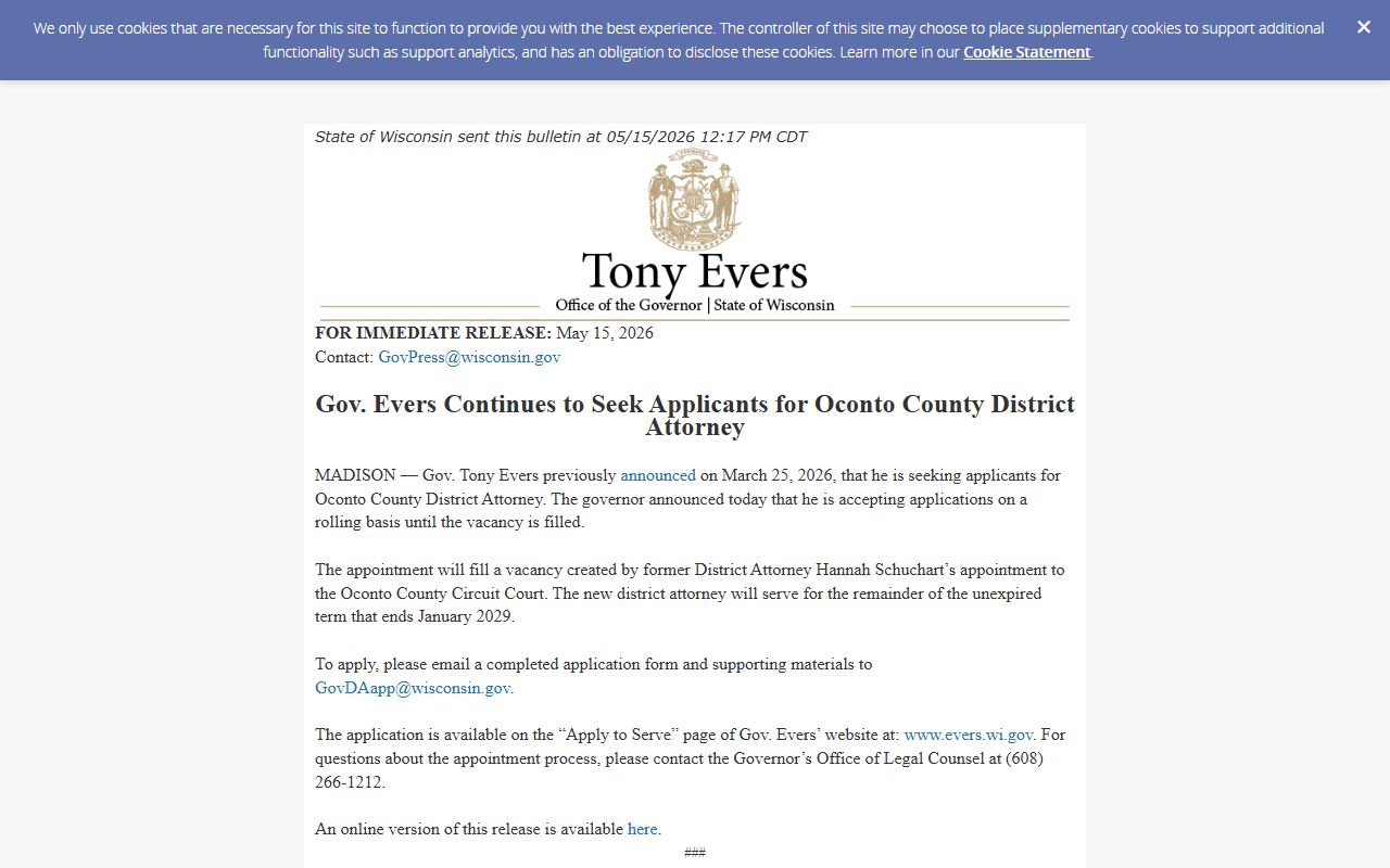 Governor release showing Oconto County District Attorney vacancy in May 2026