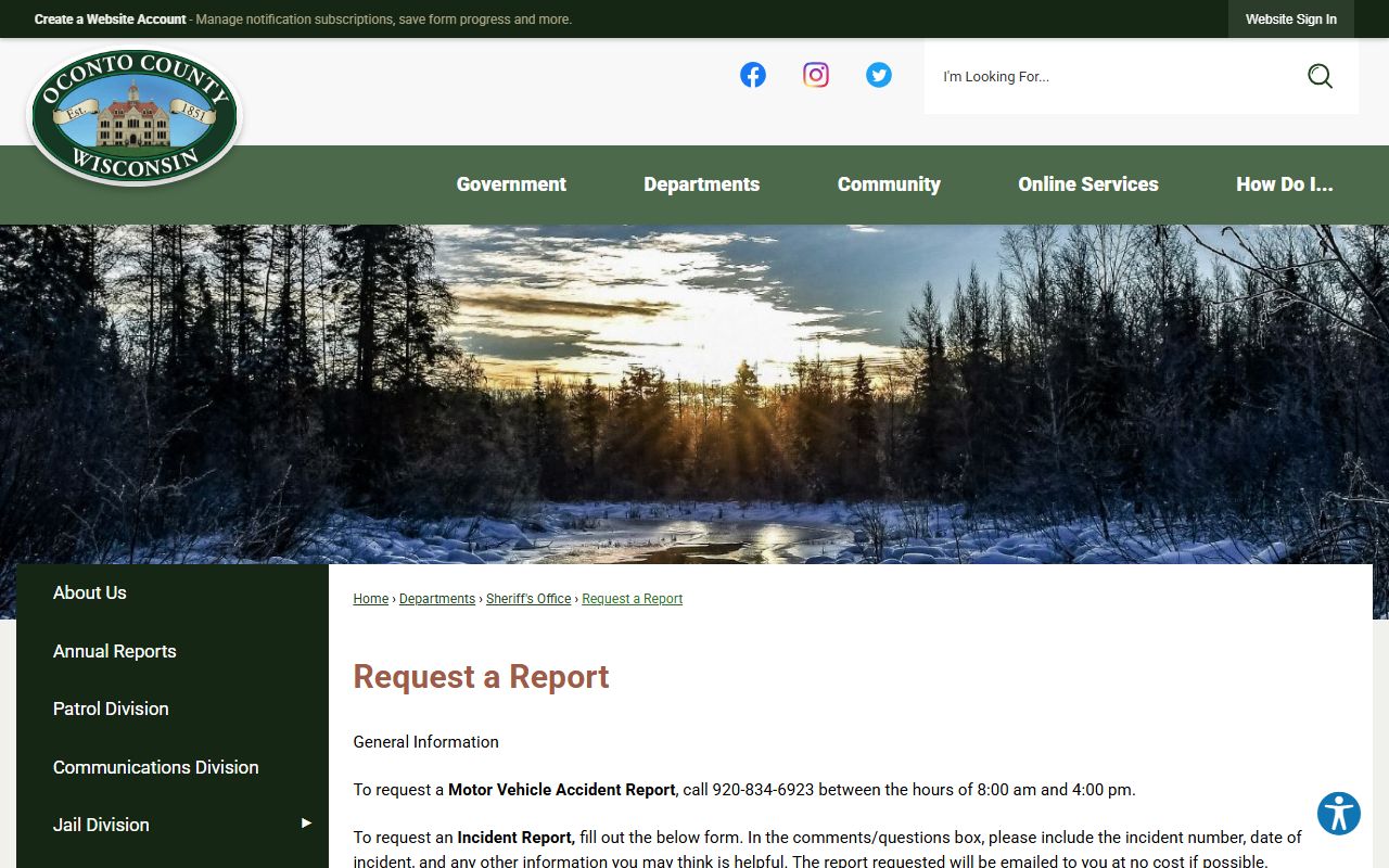Oconto County Sheriff's Office request a report page
