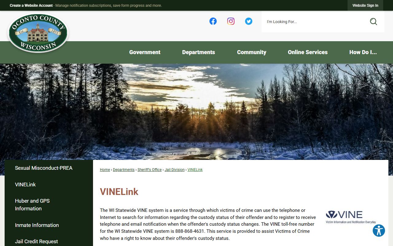 Oconto County VINELink page for county jail custody status