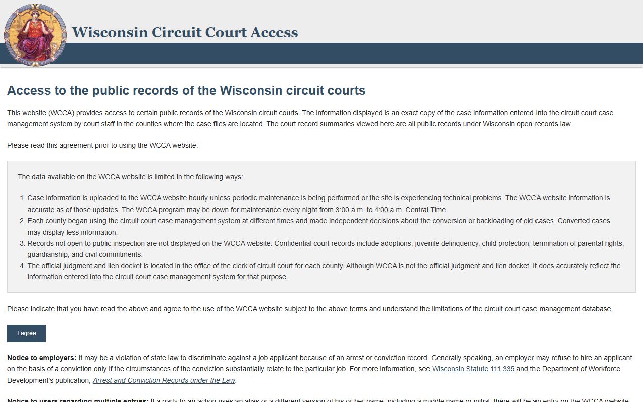Wisconsin Circuit Court Access public case search interface